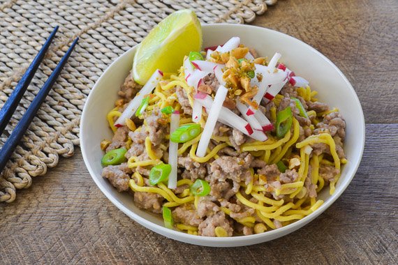 Pork Dan Dan Noodles with Radish & Garlic-Lime Peanuts