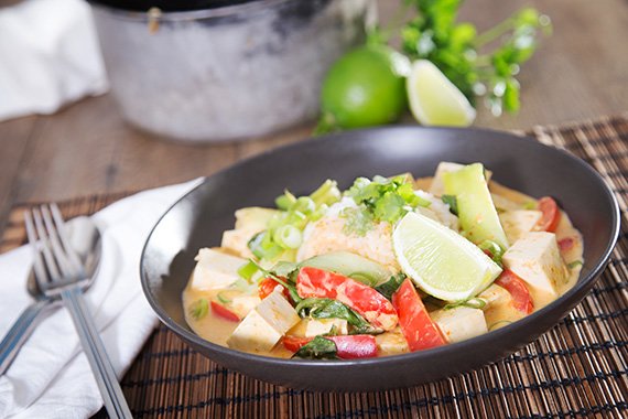 Red Coconut Curry Tofu with Lemongrass, Ginger & Lime over Jasmine Rice