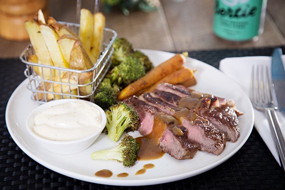 Steak & Fries with Singed Broccoli, Baby Carrots & Orange Glaze