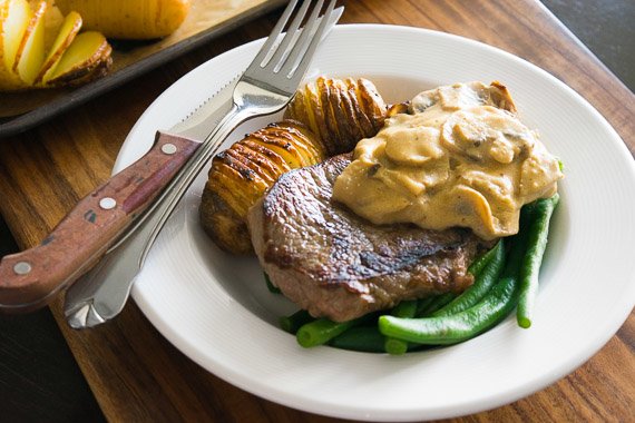Scotch Fillet with Mushroom Sauce, Hasselback Potatoes & Buttered Beans