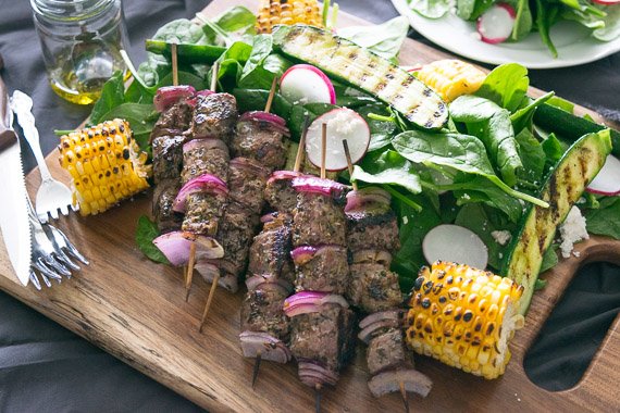 Barbequed Lamb Skewers & Corn with Fetta, Zucchini & Spinach