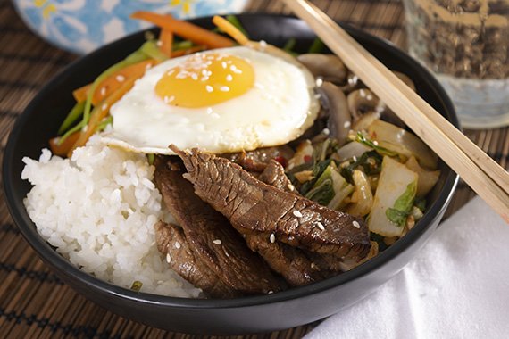 Beef Bibimbap with Fresh Local Vegetables and Sushi Rice