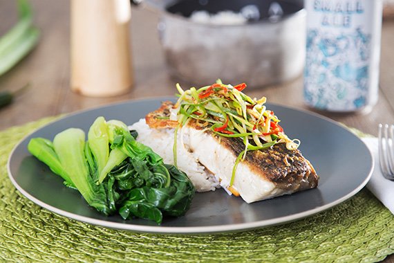 Fish with Sizzled Ginger, Chili & Garlic, Asian Greens & Coconut Rice