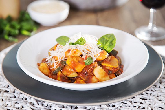 Gnocchi with Spring Veg & Tomato Sugo, Fresh Basil & Parmesan