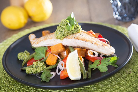 Grilled Fish with Cashew & Coriander Pesto, Sweet Potato & Green Bean Salad