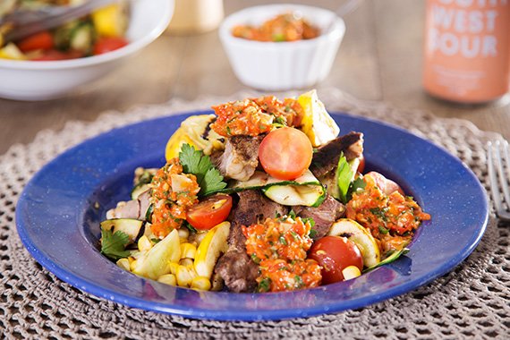 Grilled Steak with Romesco with Zucchini & Corn Salad