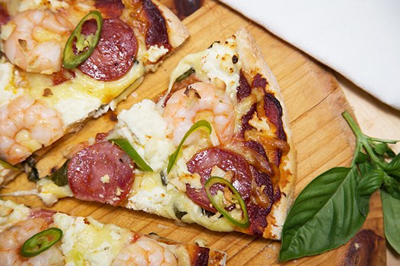 Prawn and Cacciatore Pizza with Ricotta, Green Chili & Tomato Salsa