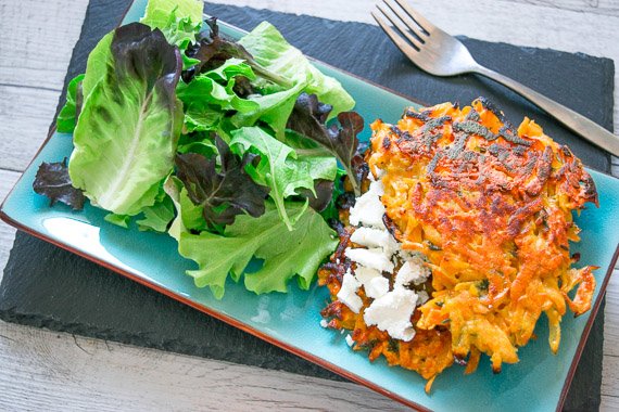 Sweet Potato Hash and Danish Cheese Cakes with Balsamic Dressing