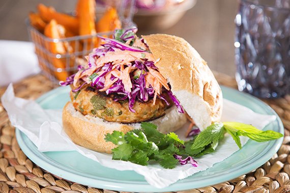 Thai Style Chicken Burgers with Sweet Potato Wedges & Sweet Chili Mayo