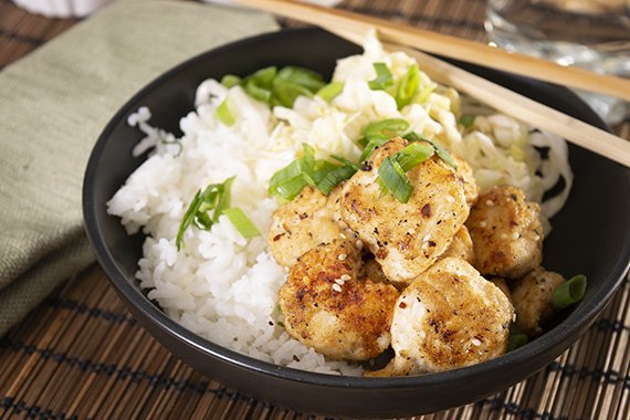 Togarashi Popcorn Chicken with Sweet Chili Slaw & Rice