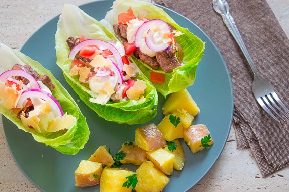 Caesar Dressed Steak Lettuce Cups with Red Potatoes