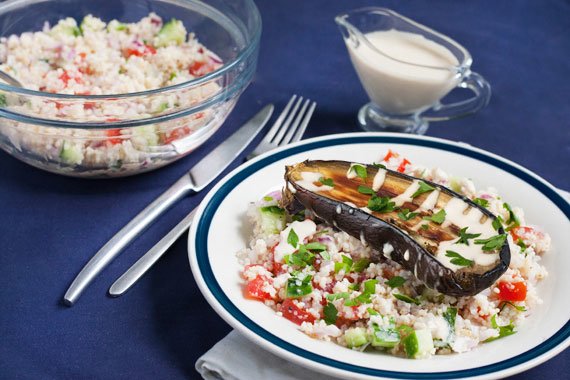 Charred Eggplant with Tahini and Quinoa Tabbouleh