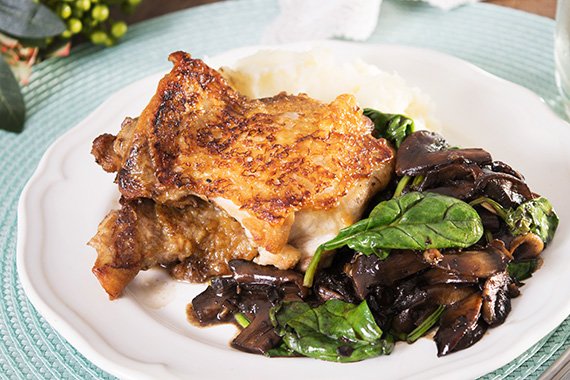 Crispy Braised Chicken Thighs with Balsamic Mushroom, Spinach & Mash