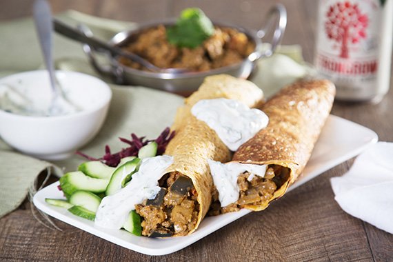 Curried Beef & Eggplant Dosa with Coriander Yoghurt, Cucumber & Purple Carrot