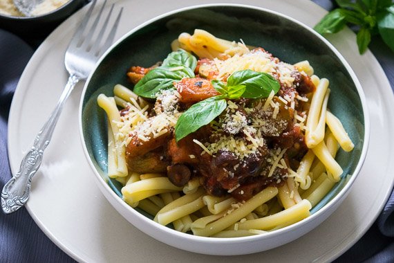 Eggplant Ragu with Olives, Basil & Shredded Parmesan over Casarecce Pasta