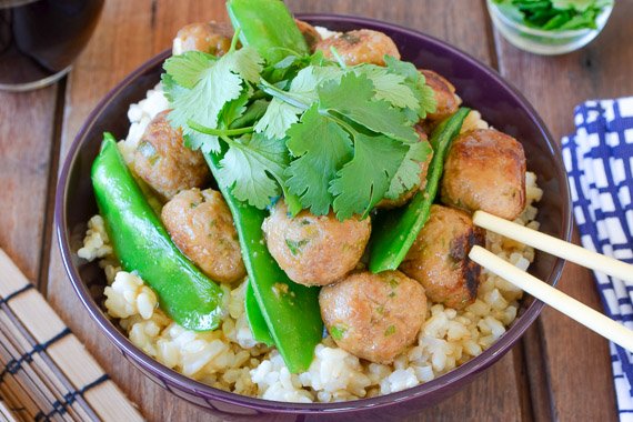 Glazed Mini Pork Meatballs & Snow Peas over Brown Rice