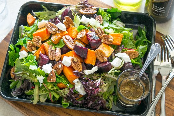 Goat Cheese & Roast Vegetable Salad, with Toasted Pecan & Balsamic Dijon Vinaigrette