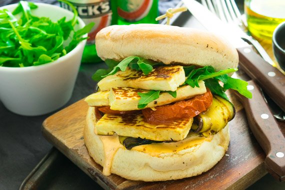 Haloumi Burger Inspired by Donna Hay with Roasted Tomato & Grilled Eggplant