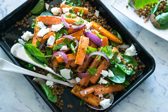 Honey & Spice Roasted Carrots with Lentil, Fetta & Spinach Salad