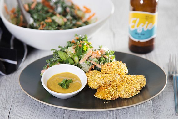 Lupin Crumbed Chicken Strips with Kale Slaw & Dijon Honey Mustard