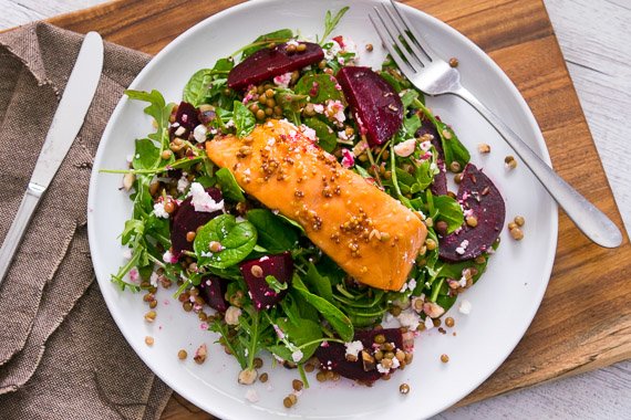 Maple Glazed Salmon with Hazelnut, Fetta & Baby Beetroot Salad