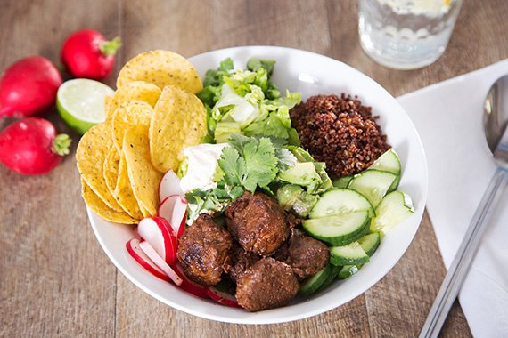 Mole-Spiced Beef Bowl with Red Quinoa, Radish & Creamy Avocado