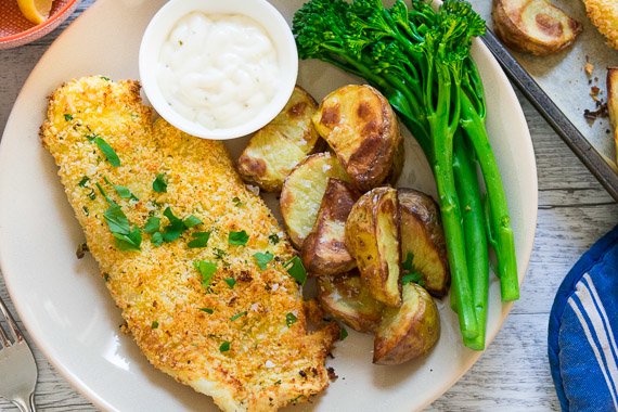 Oven Baked Fish and Chips with a Parmesan Crumb, Veg & Tartare Sauce