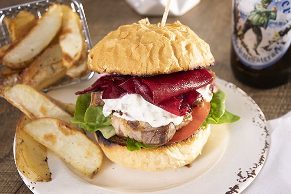 Steak, Beetroot & Blue Cheese Burger with Pickled Beetroot & Wedges