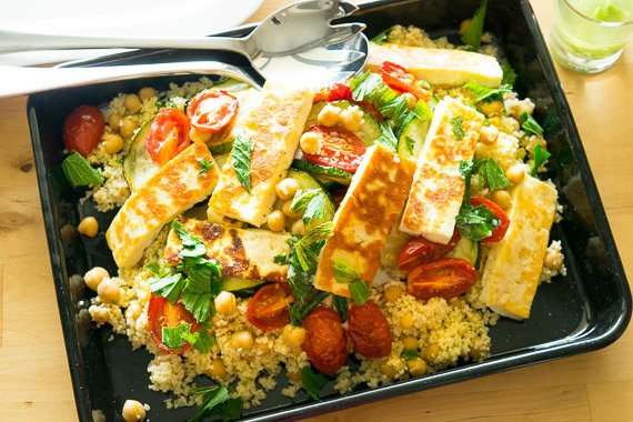 Summer Haloumi Couscous Salad with Garlic-Lime Dressing