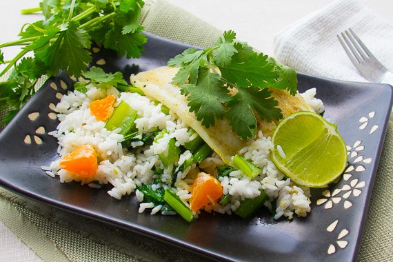 Banana Leaf Steamed Fish with Spiced Rice, Chinese Broccoli & Coconut