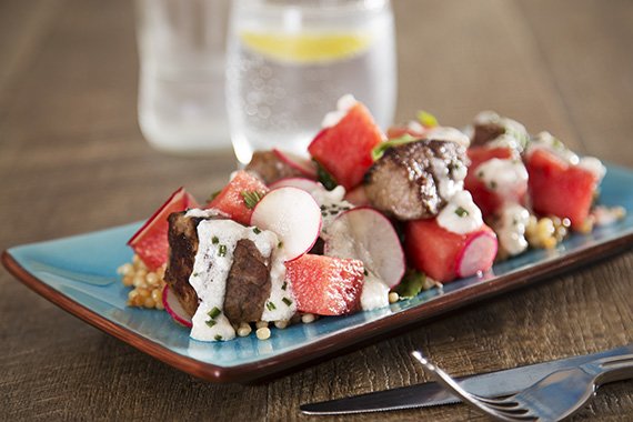 Beef with Watermelon, Israeli Couscous & Fetta-Sherry Vinaigrette