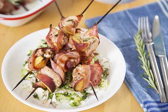 Chicken, Bacon & Peach Kebabs with Broccoli and Cauliflower Slaw