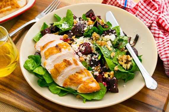 Crispy Roast Chicken & Beetroot with Baby Spinach, Walnut and Fetta Salad