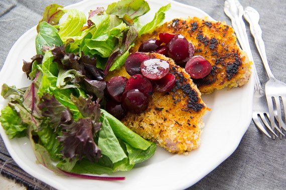 Crumbed Pork Tonkatsu with Yuzu Cherry Salsa and Fresh Mixed Lettuce