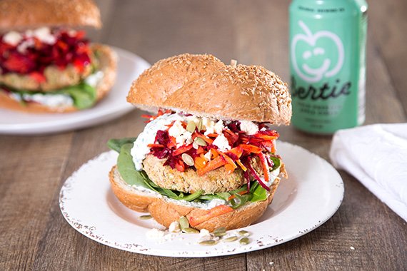 Epic Bean Burger with Herb Yoghurt, Beet & Carrot Slaw with Mixed Seeds