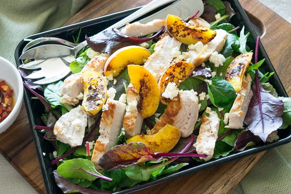 Grilled Chicken and Peach Salad with Crumbled Fetta