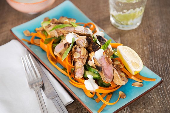 Harissa Yoghurt Lamb with Carrot, Almond and Mint Salad