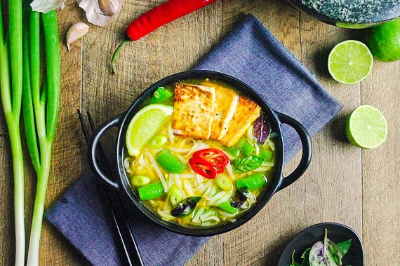 Tofu Noodle Soup with Thai Basil & Sugar Snap Peas