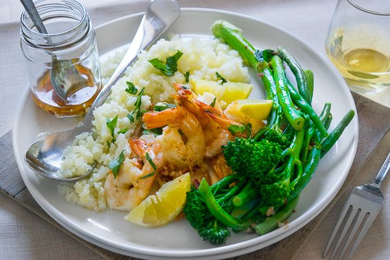Grilled Prawns, Broccolini & Cauli Rice with Lemon-Shallot Vinaigrette