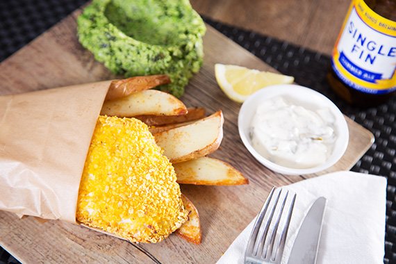 Lupin Crusted Fish & Low Carb Wedges with Minted Broccoli & Pea Mash