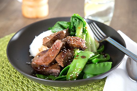 Sesame Beef with Snow Peas & Pak Choy over Jasmine Rice