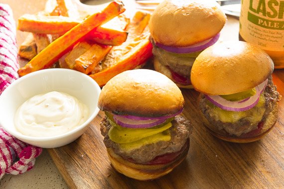 Cheeseburger Brioche Sliders, with Sweet Potato Fries & Seriously Good Garlic Aioli