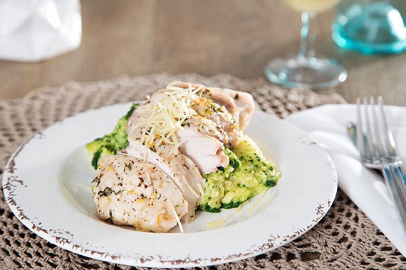 Lemon & Thyme Roasted Chicken with Green Polenta & Simple Side Salad