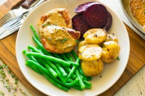 Pork Steaks in Mustard Cream Sauce with Veg & Smashed Potatoes