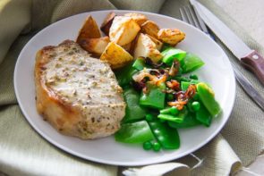 Roasted Mustard Pork & Golden Potatoes with Pea & Green Bean Salad and Crispy Shallots