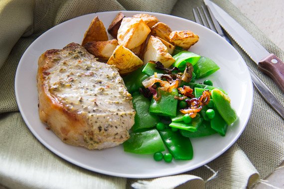 Roasted Mustard Pork & Golden Potatoes with Pea & Green Bean Salad and Crispy Shallots