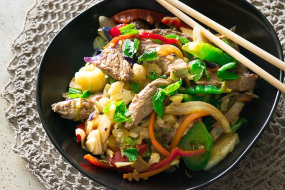 Quick Steak Strips with Ginger, Oyster Sauce and Crisp Stir Fry Vegetables