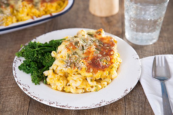 Butternut Mac n Cheese  with Gluten Free Pasta & Crunchy Rosemary Seed topping