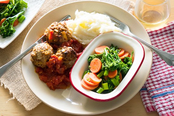 Home Made Chorizo Meatballs with Tomato Sugo, Veg & Dutch Cream Potato Mash