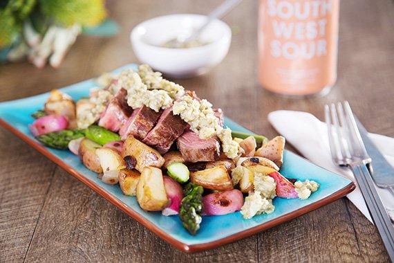 Scotch Fillet Steak & Salsa Verde with Red Potato, Asparagus & Radish Hash